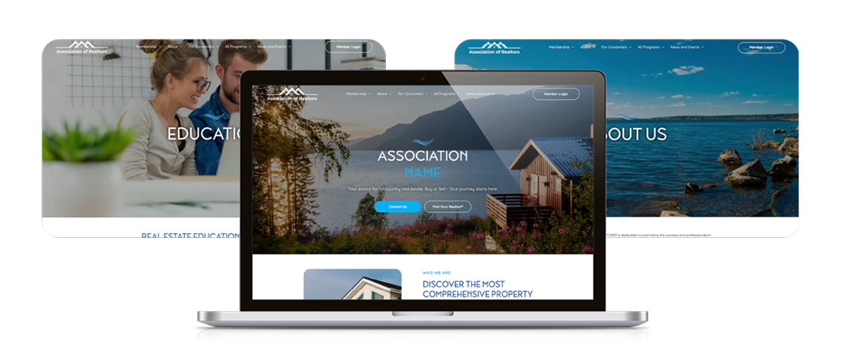 Multiple screens showcasing the association template and how it an appear on site