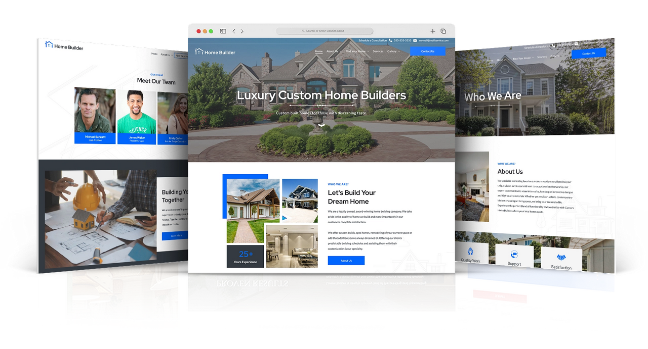 three web pages from the home builder template emphasizing multi page websites