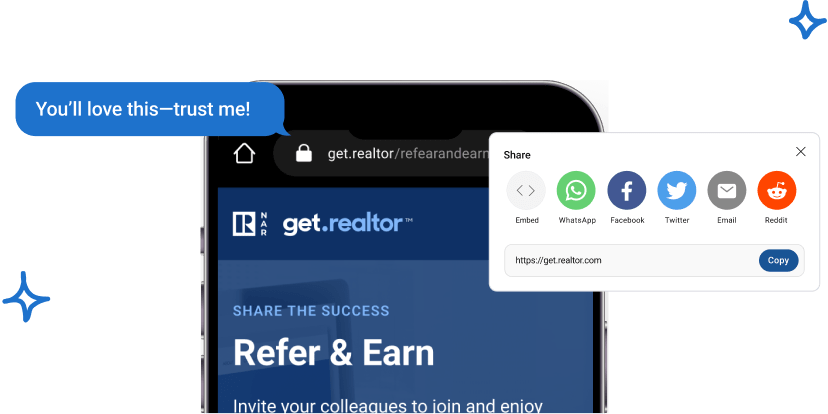 Mobile view of the Refer & Earn page with a text message that says "You'll love this-trust me!"