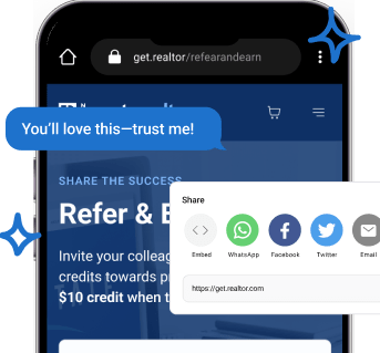 Mobile view of the Refer & Earn page with a text message that says "You'll love this-trust me!"